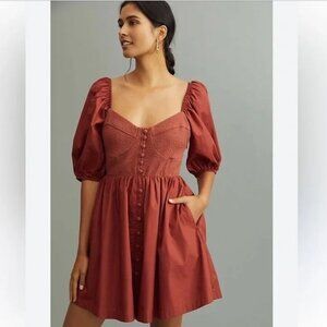 Anthropologie Maeve Sweetheart Mini Dress Puff Sleeves Size Small Rust Brown